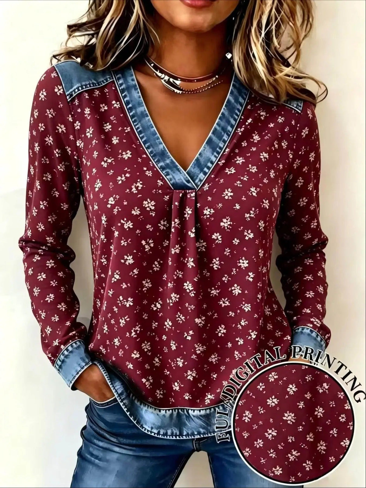 Women's Fake Denim Patchwork Print V Neck Top