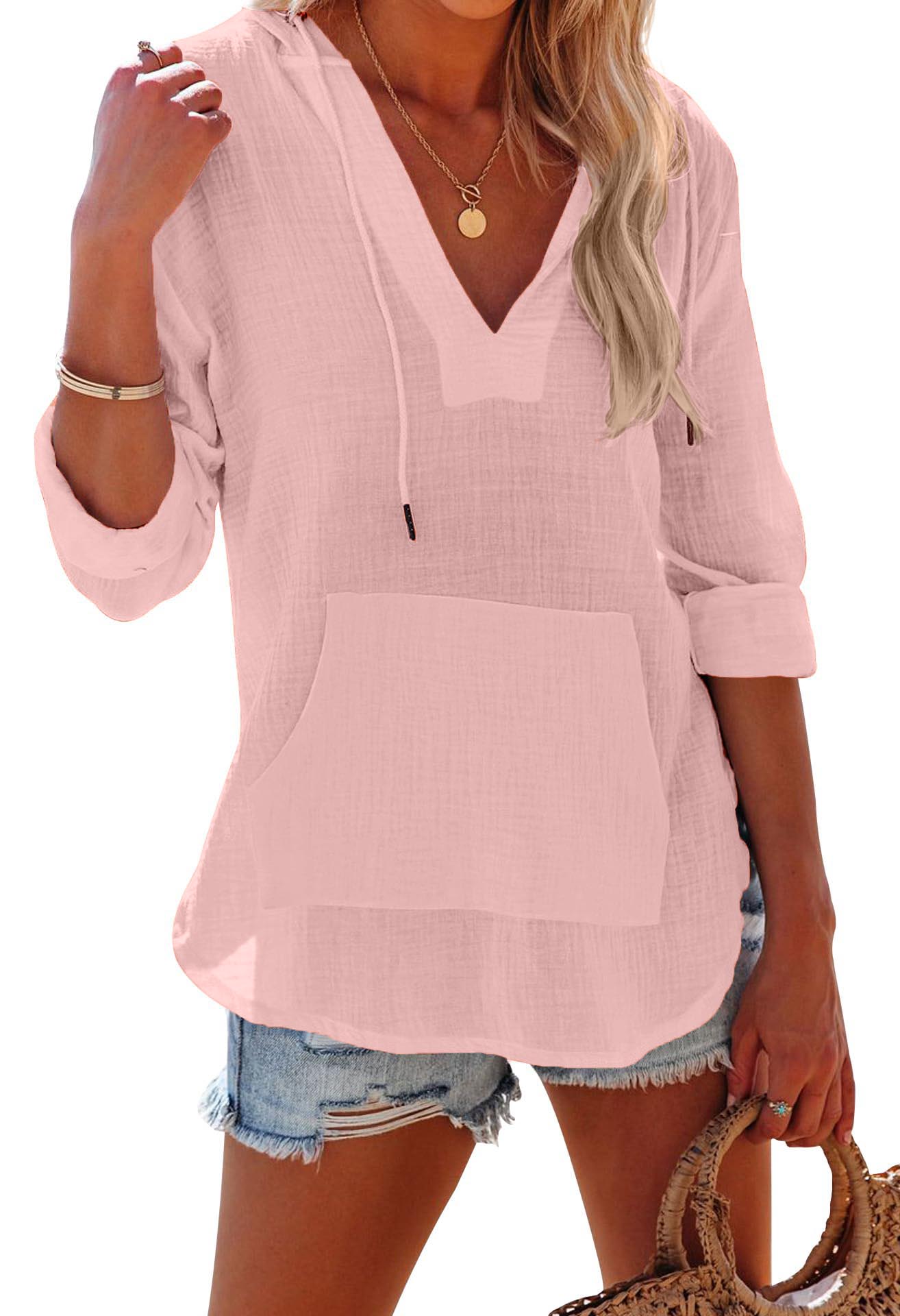 Women's Long Sleeve V Neck Pocketed Hooded Shirt Top(buy 2 free shipping)