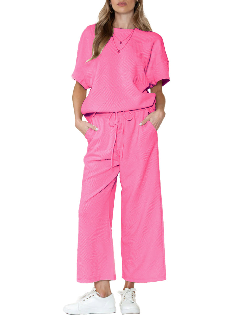 Women's Textured Loose Fit T Shirt and Drawstring Pants Casual Set (Buy 2 Free Shipping)