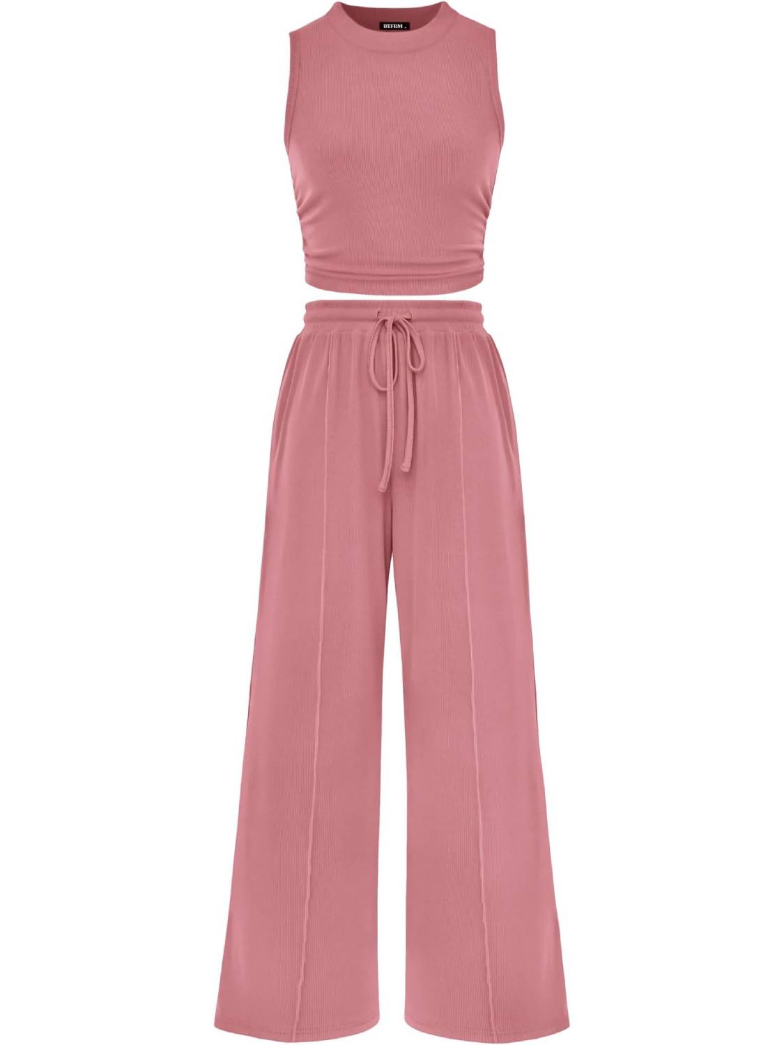 Women Sleeveless Cropped Top Elastic Waist Wide Leg Pants 2 Piece Set