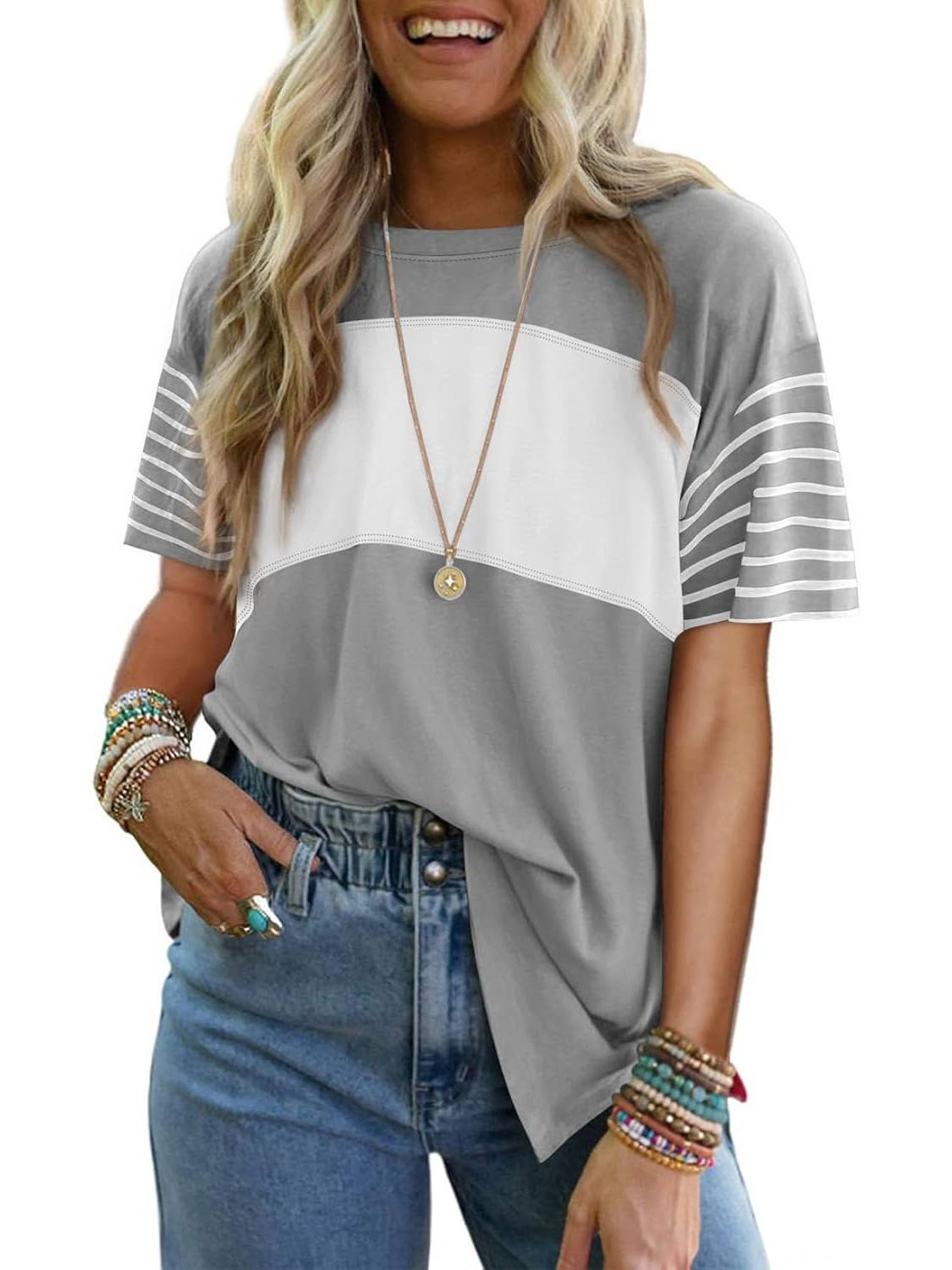 Womens Oversized Color Block Striped Shirts Top