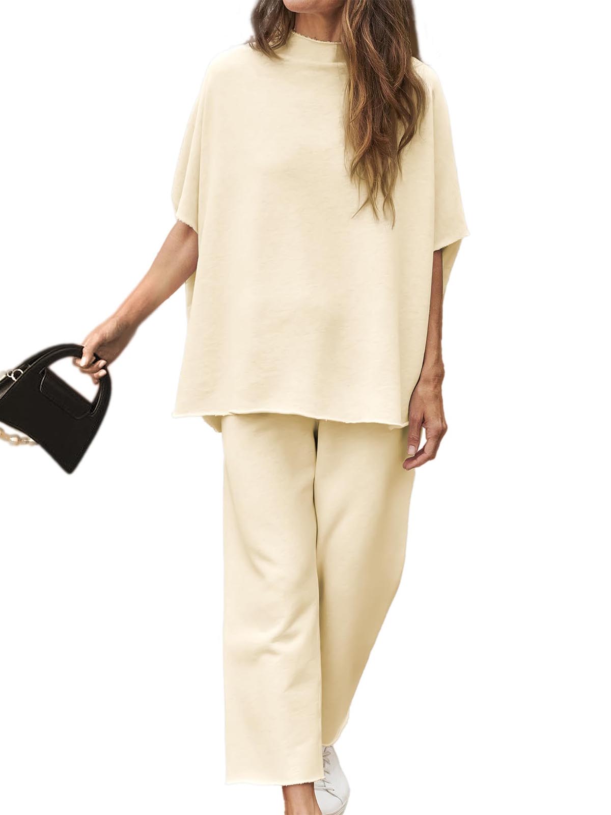 Women's 2 Piece Outfits 3/4 Batwing Sleeve Pullover Top Wide Leg Pants Lounge Set
