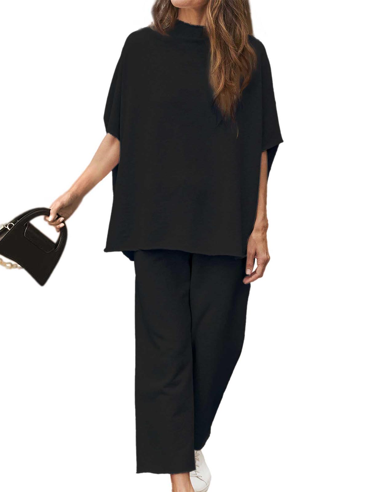 Women's 2 Piece Outfits 3/4 Batwing Sleeve Pullover Top Wide Leg Pants Lounge Set