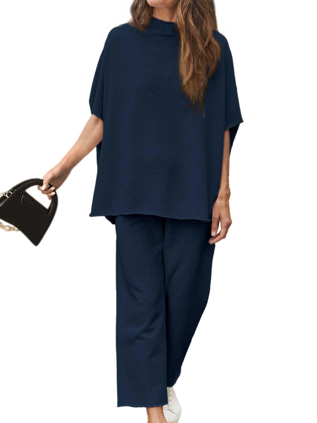 Women's 2 Piece Outfits 3/4 Batwing Sleeve Pullover Top Wide Leg Pants Lounge Set