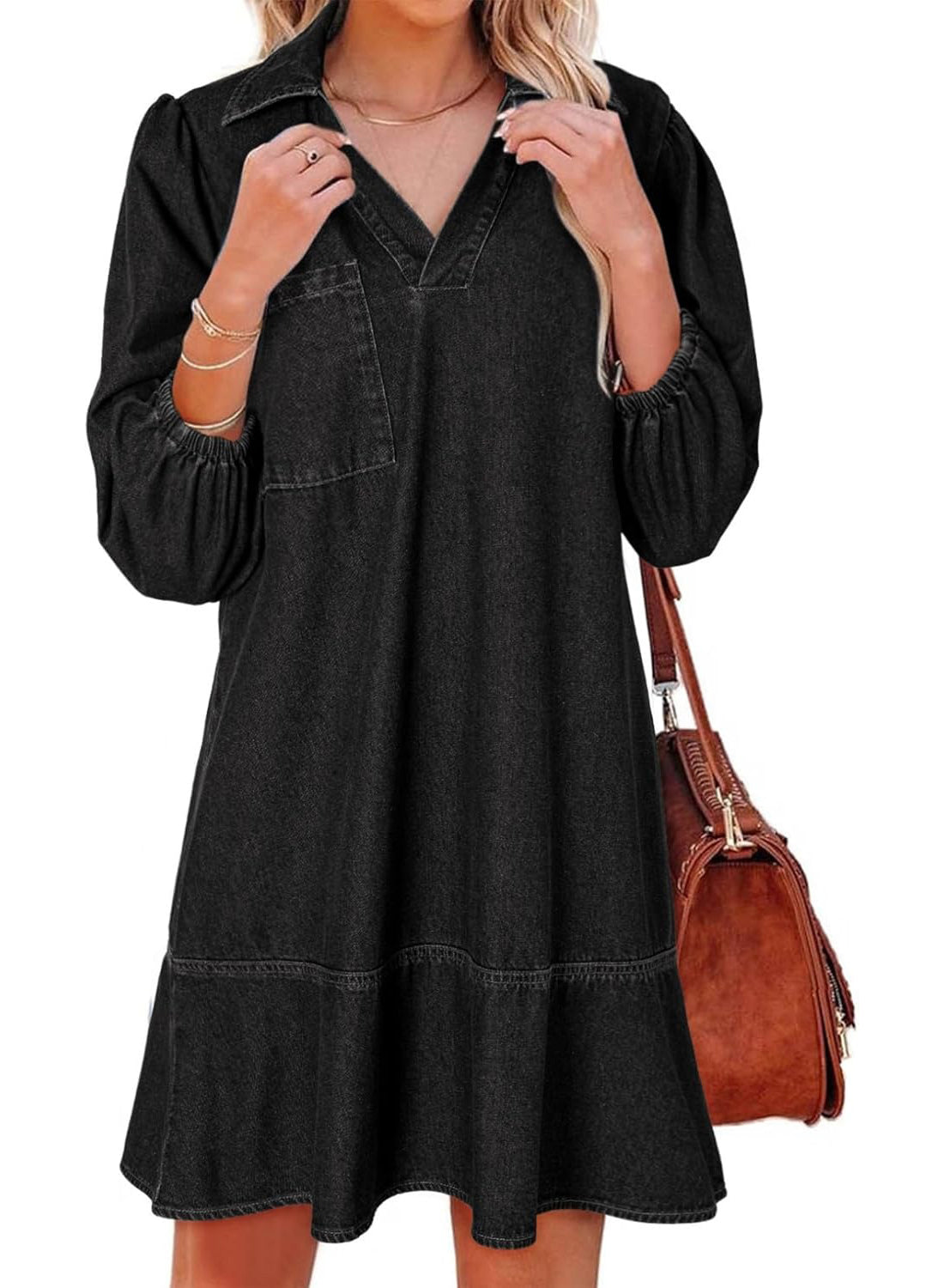 Women's V-neck Puff Sleeve Denim Layered Dress(BUY 2 FREE SHIPPING)