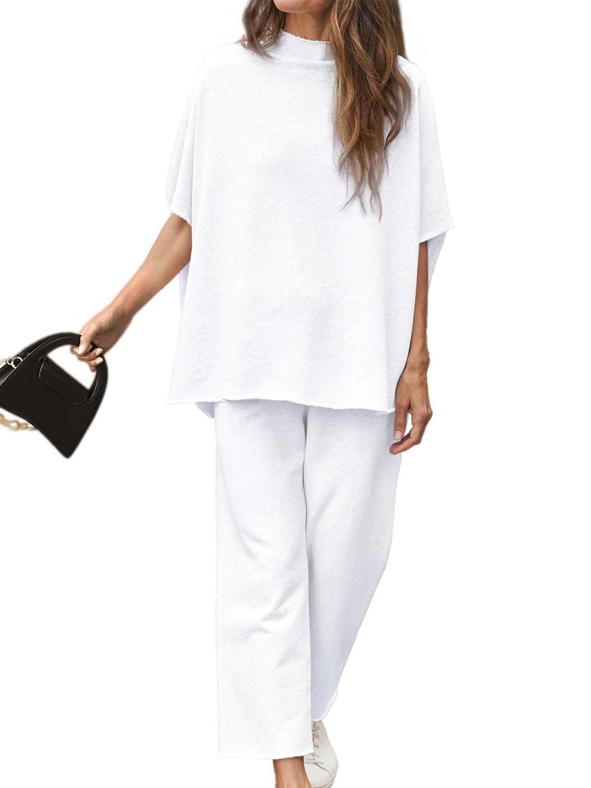 Women's 2 Piece Outfits 3/4 Batwing Sleeve Pullover Top Wide Leg Pants Lounge Set
