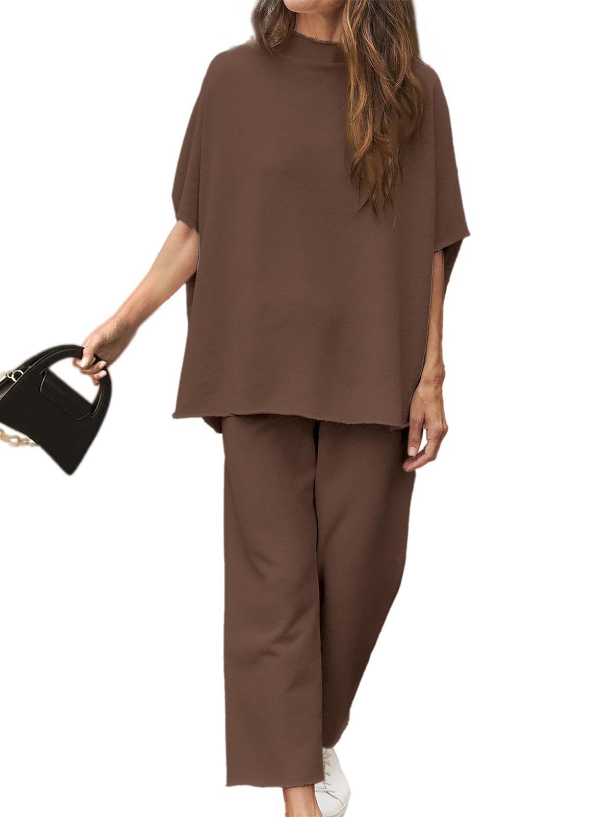 Women's 2 Piece Outfits 3/4 Batwing Sleeve Pullover Top Wide Leg Pants Lounge Set