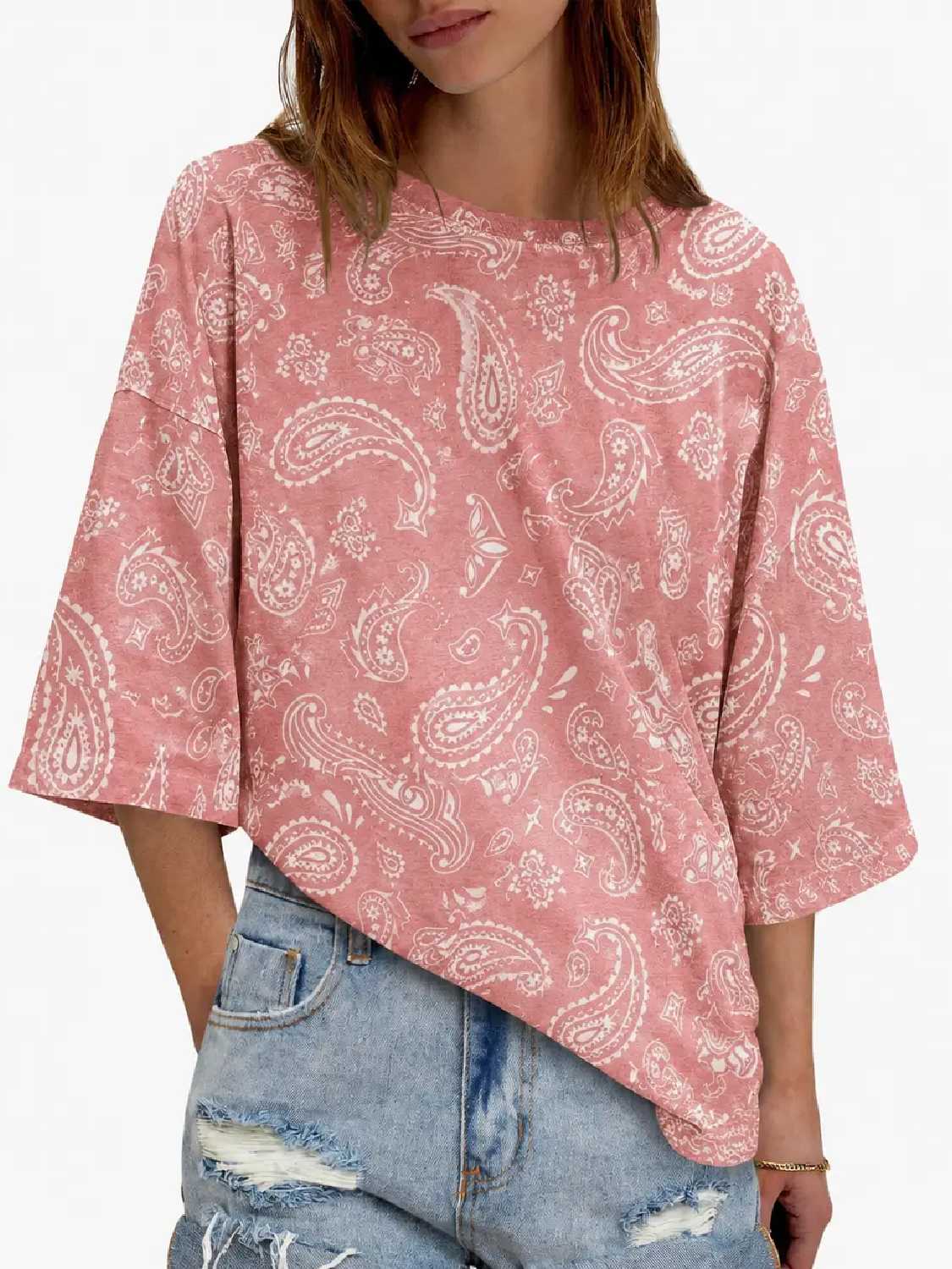Womens 2026 New Oversized Half Sleeve Crew Neck Tunic Tops
