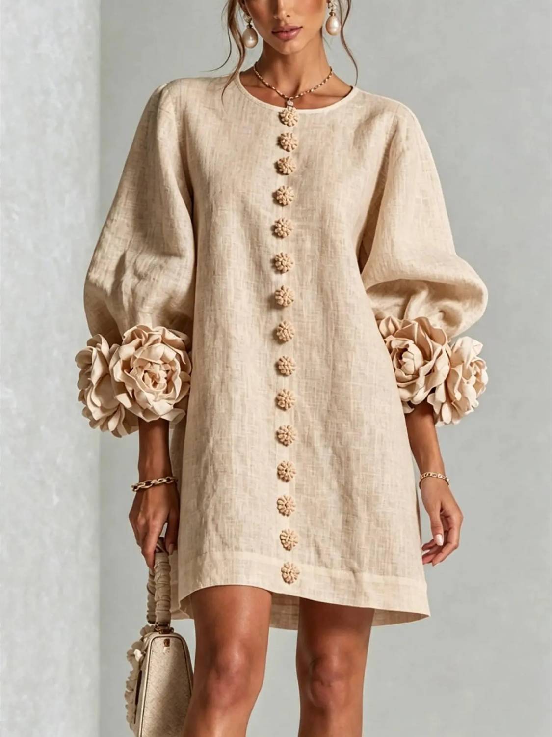 Women's Elegant Floral Cuff Puff Sleeve Linen Mini Dress