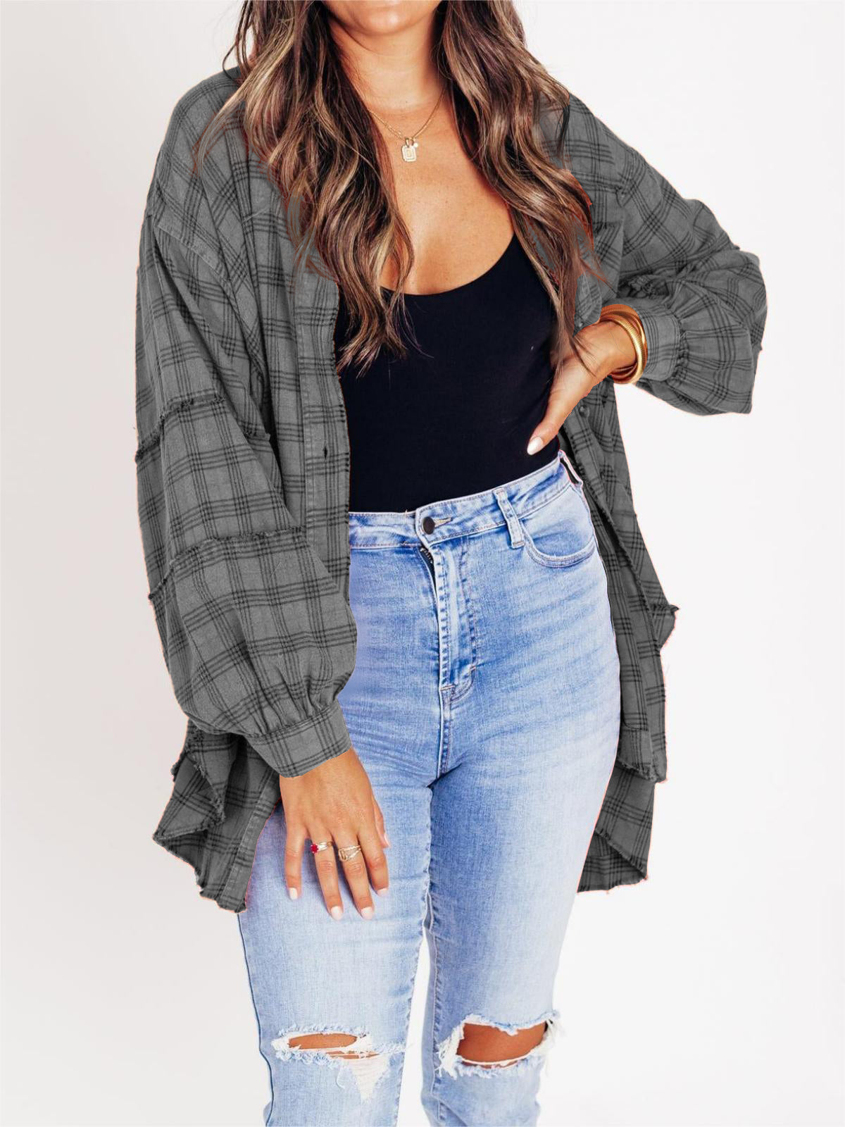 Women's Seams Raw Edge Washed Oversized Shirt Jacket(BUY 2 FREE SHIPPING)