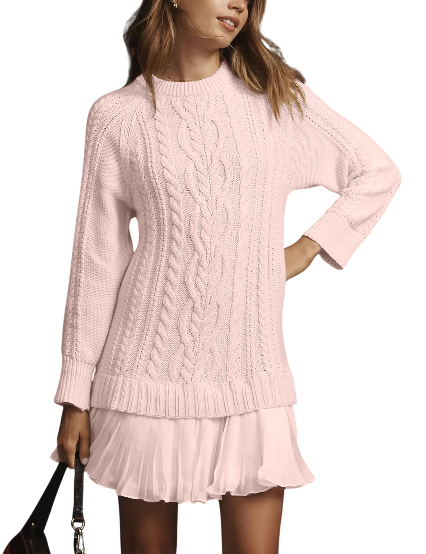 Women Crewneck Cable Knit Sweater Mini Dress (Buy 2 Free Shipping)