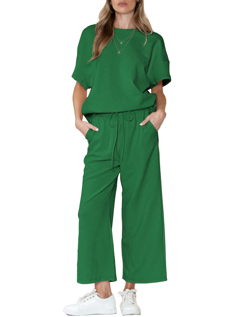 Women's Textured Loose Fit T Shirt and Drawstring Pants Casual Set (Buy 2 Free Shipping)