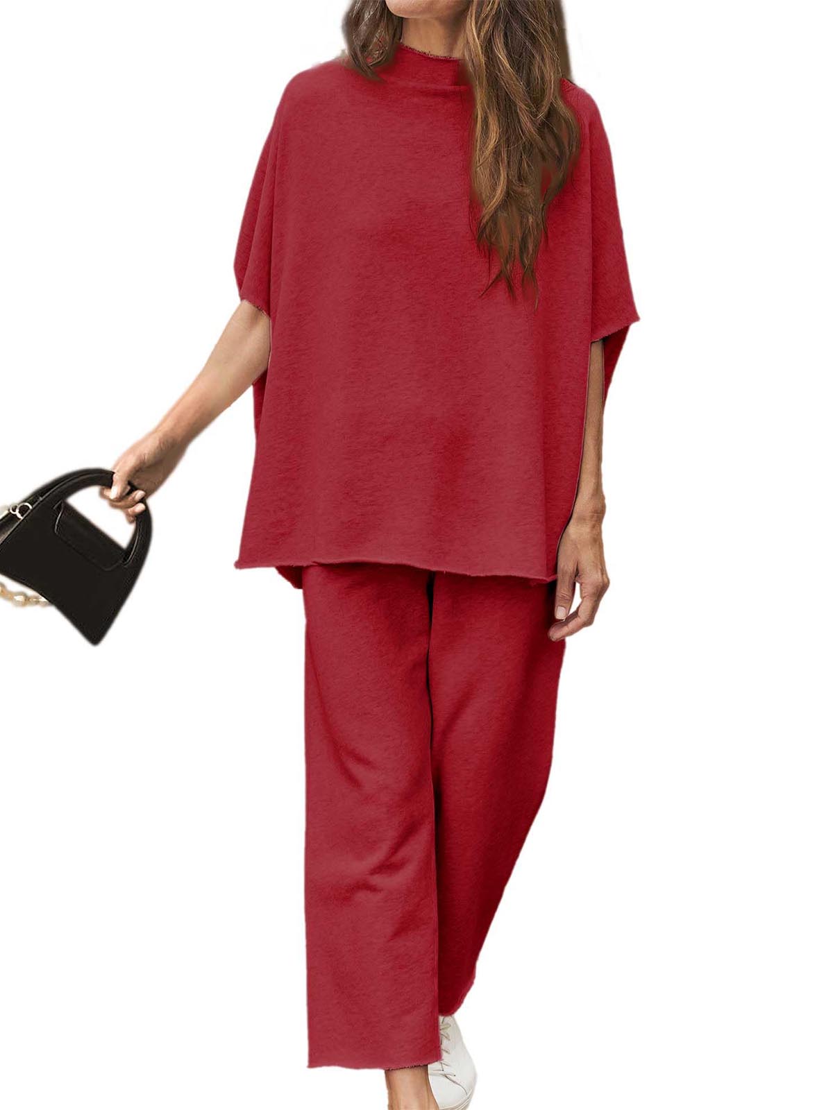 Women's 2 Piece Outfits 3/4 Batwing Sleeve Pullover Top Wide Leg Pants Lounge Set