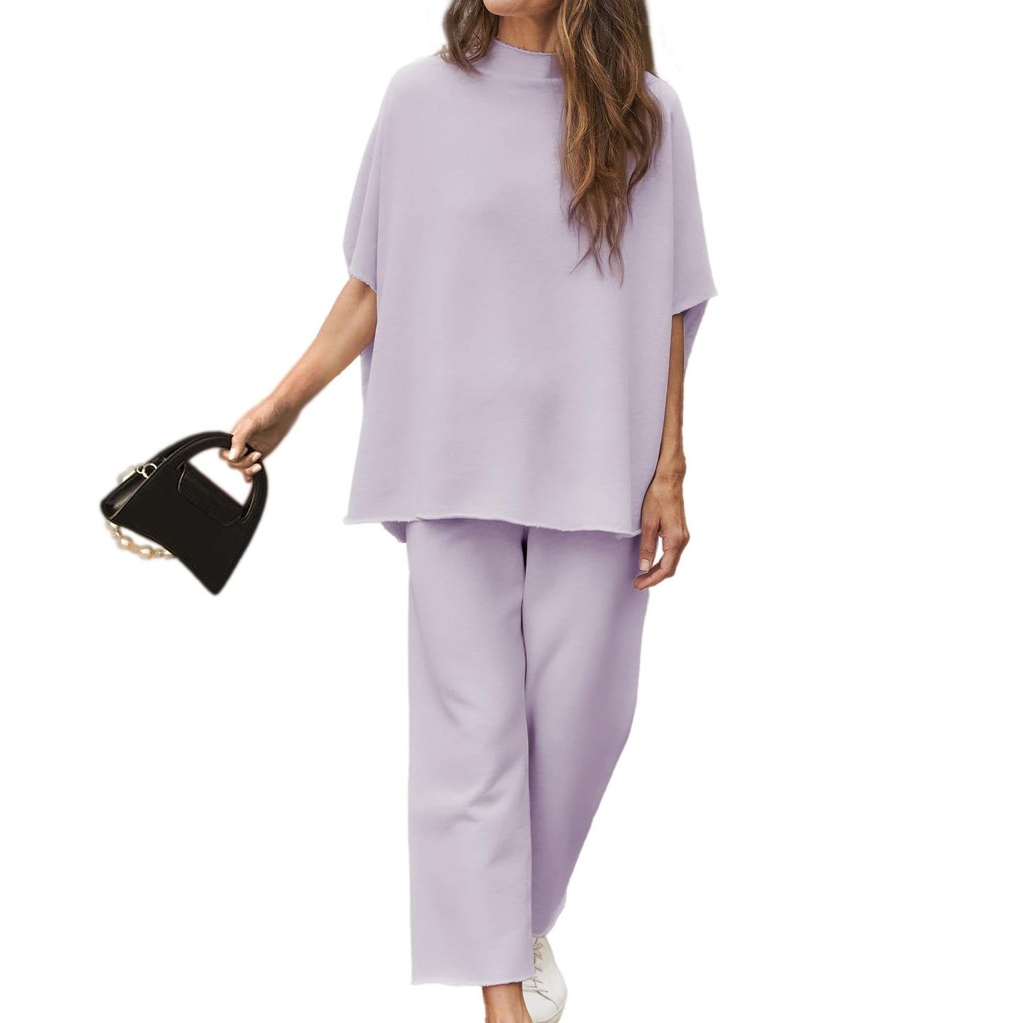 Women's 2 Piece Outfits 3/4 Batwing Sleeve Pullover Top Wide Leg Pants Lounge Set