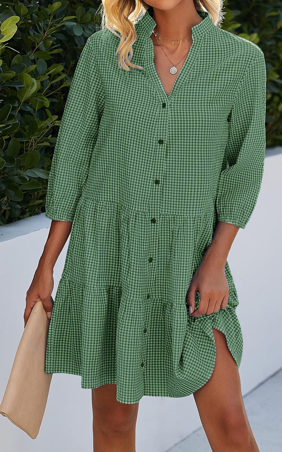 Women's Button Down 3/4 Sleeve Gingham Shirt Dress(BUY 2 FREE SHIPPING)