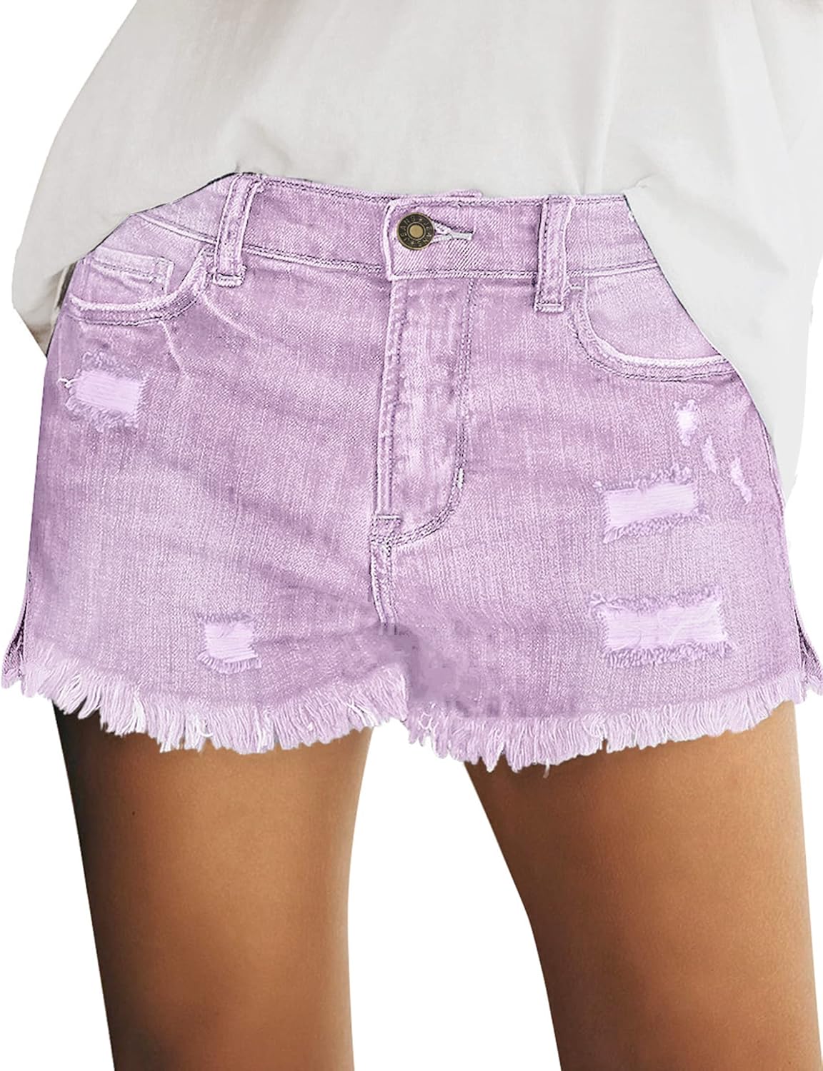 Women's Mid Rise Denim Shorts Stretch Ripped Raw Hem Jean Shorts