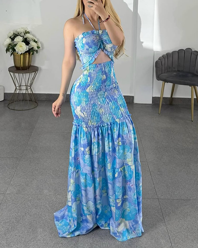 Women's Print Strapless Smocked Top & Mermaid Maxi Skirt Two-Piece Set