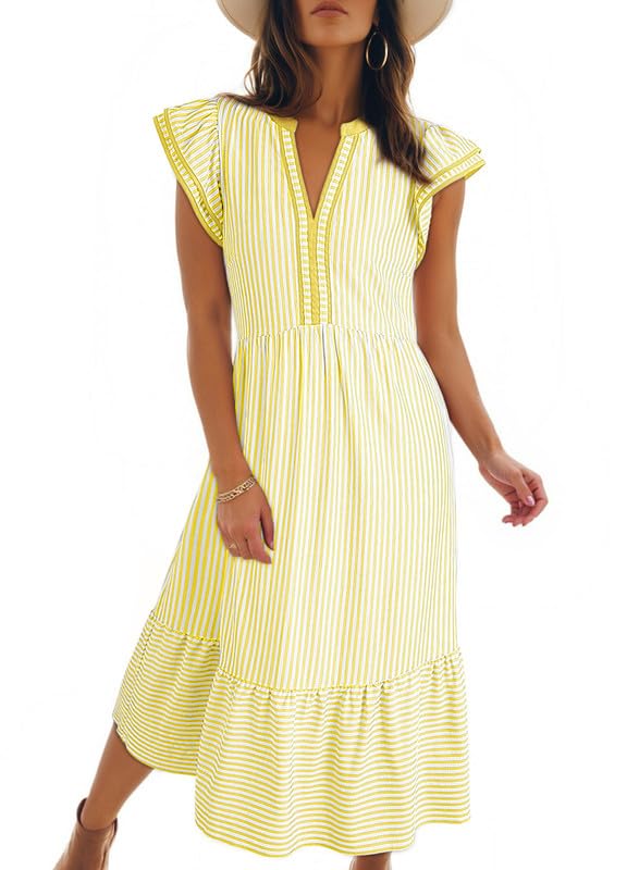 Women's V-Neck Ruffle Sleeves Striped Beach Maxi Dress with Pockets