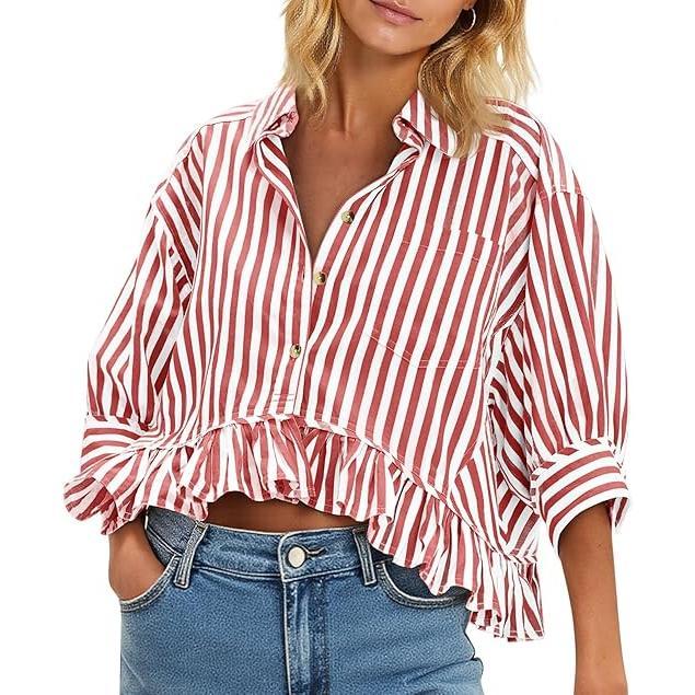 Women's 3/4 Length Sleeve Striped Button Down Shirt Ruffle Hem Blouses Top