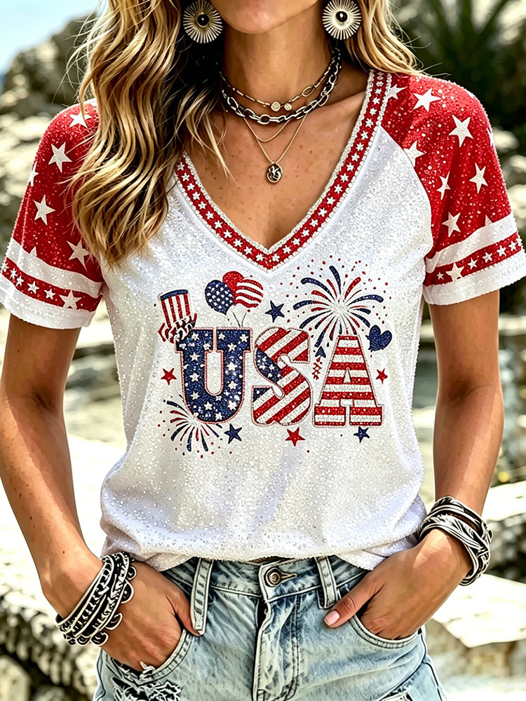 Women's Sparkly "USA" Patriotic V-Neck Raglan T-Shirt