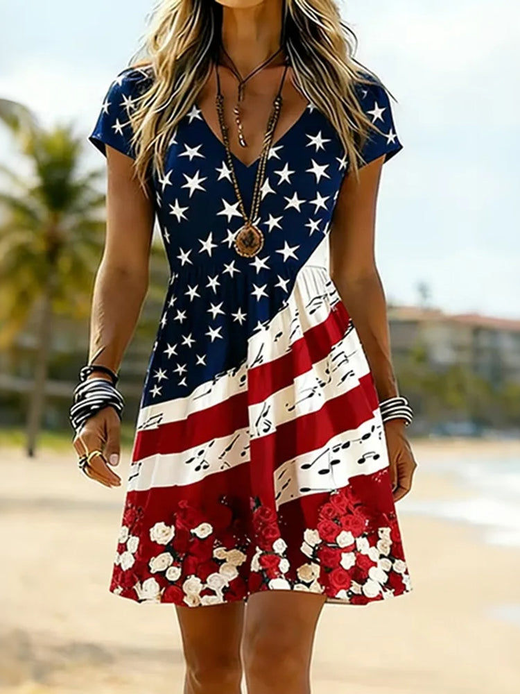 Women's American Flag Music Note Floral V-Neck Short Sleeve Mini Dress