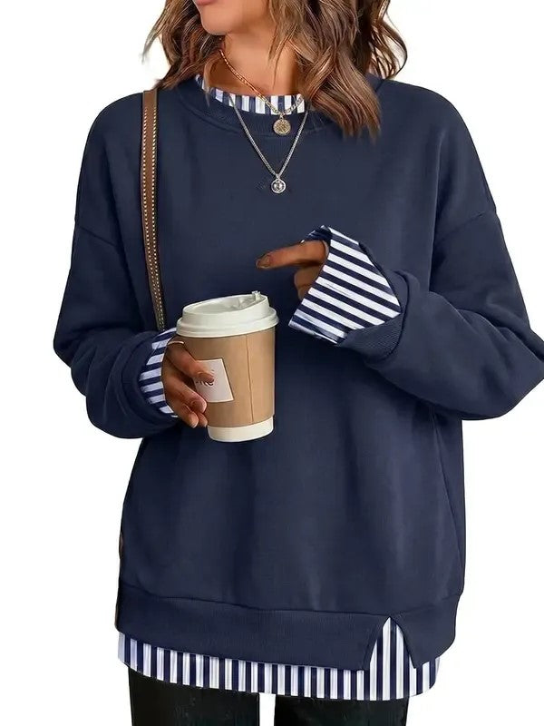 Hot Sale🔥 Women's Fake Two Piece Layered Sweatshirt Patchwork Oversized Pullover Top