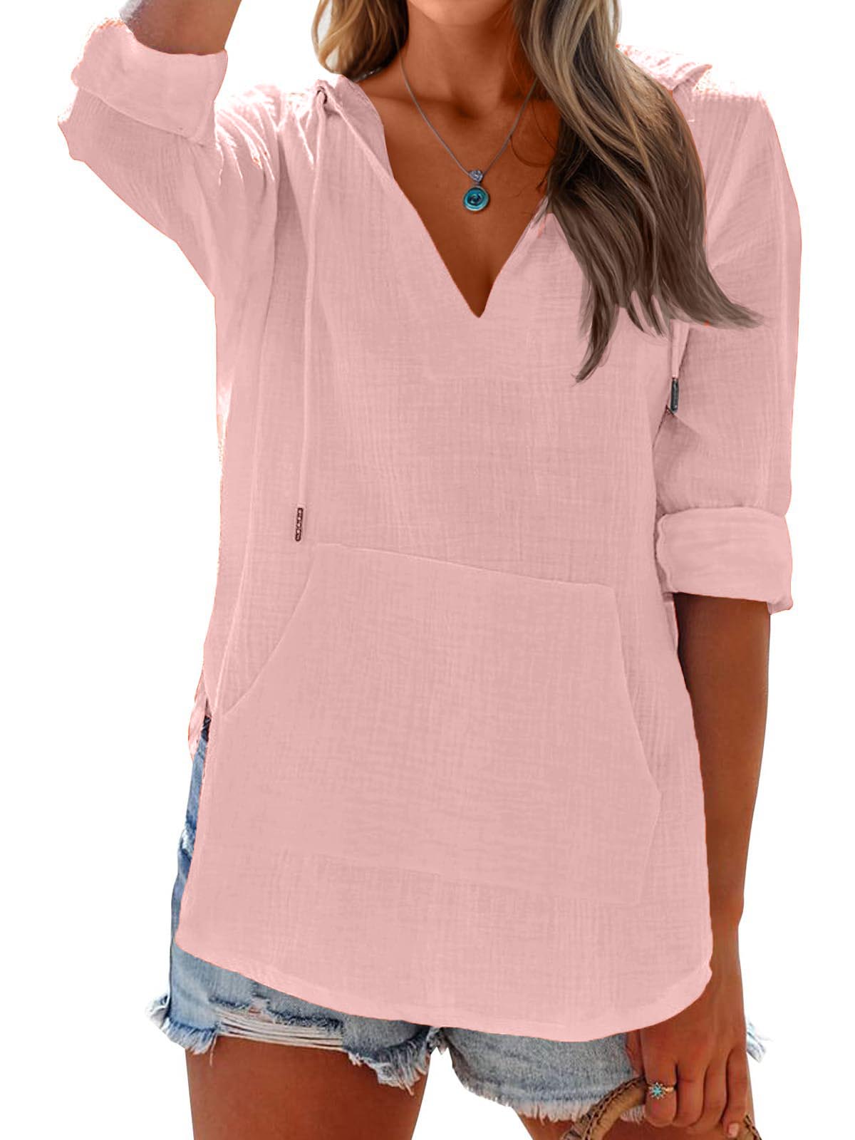 Women's Long Sleeve V Neck Pocketed Hooded Shirt Top(buy 2 free shipping)