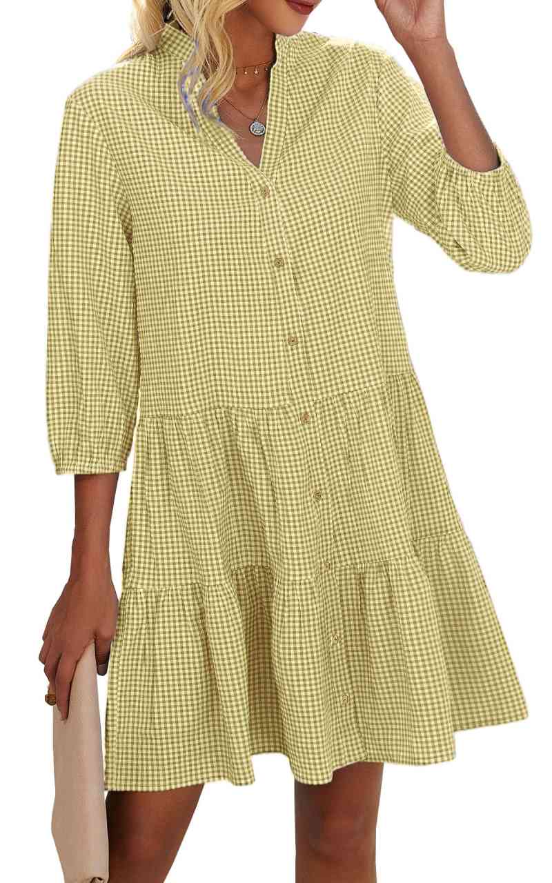 Women's Button Down 3/4 Sleeve Gingham Shirt Dress(BUY 2 FREE SHIPPING)