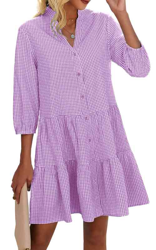 Women's Button Down 3/4 Sleeve Gingham Shirt Dress(BUY 2 FREE SHIPPING)