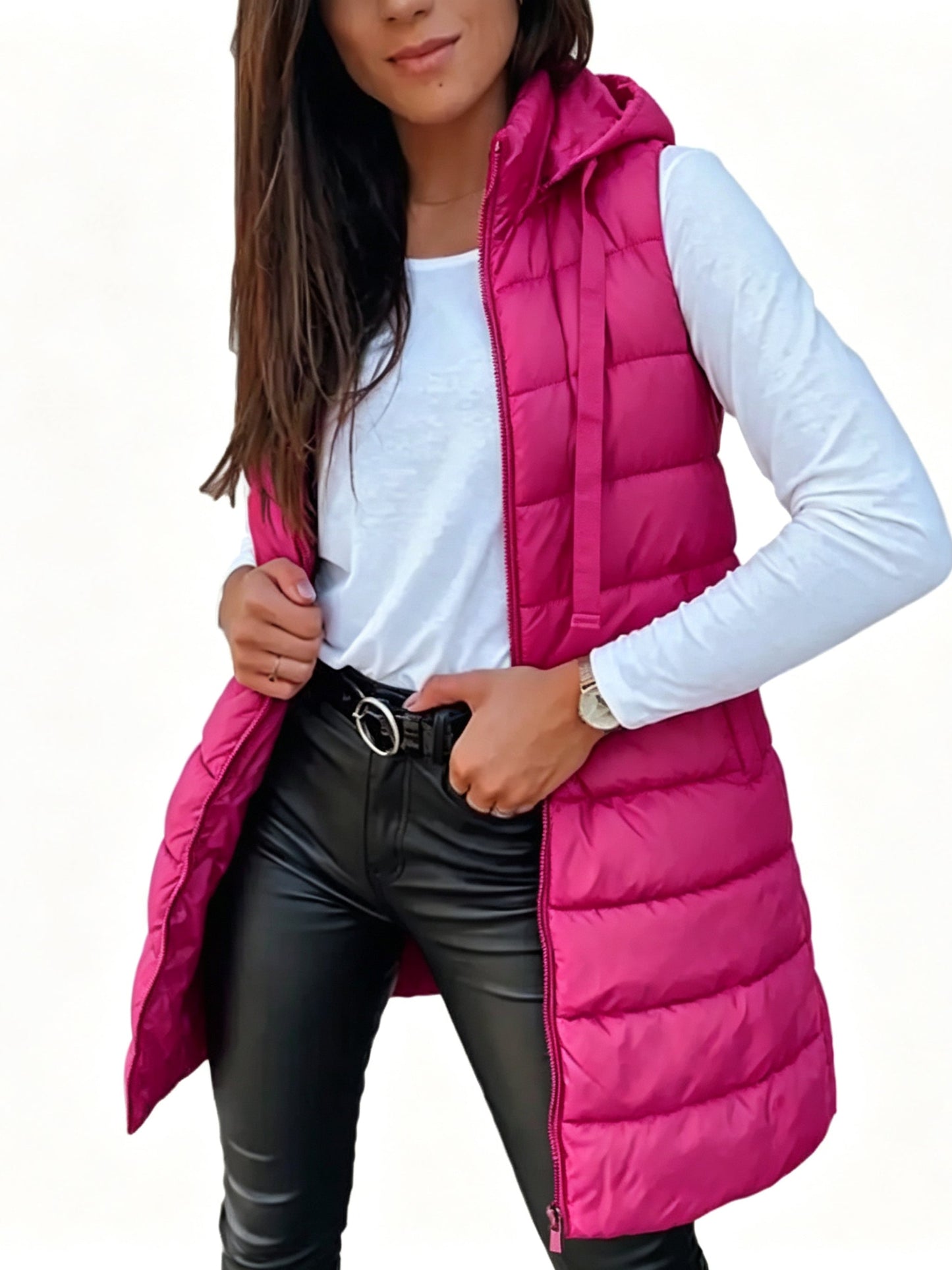 Women Long Hooded Puffer Vest Side Slit Outerwear With Pockets