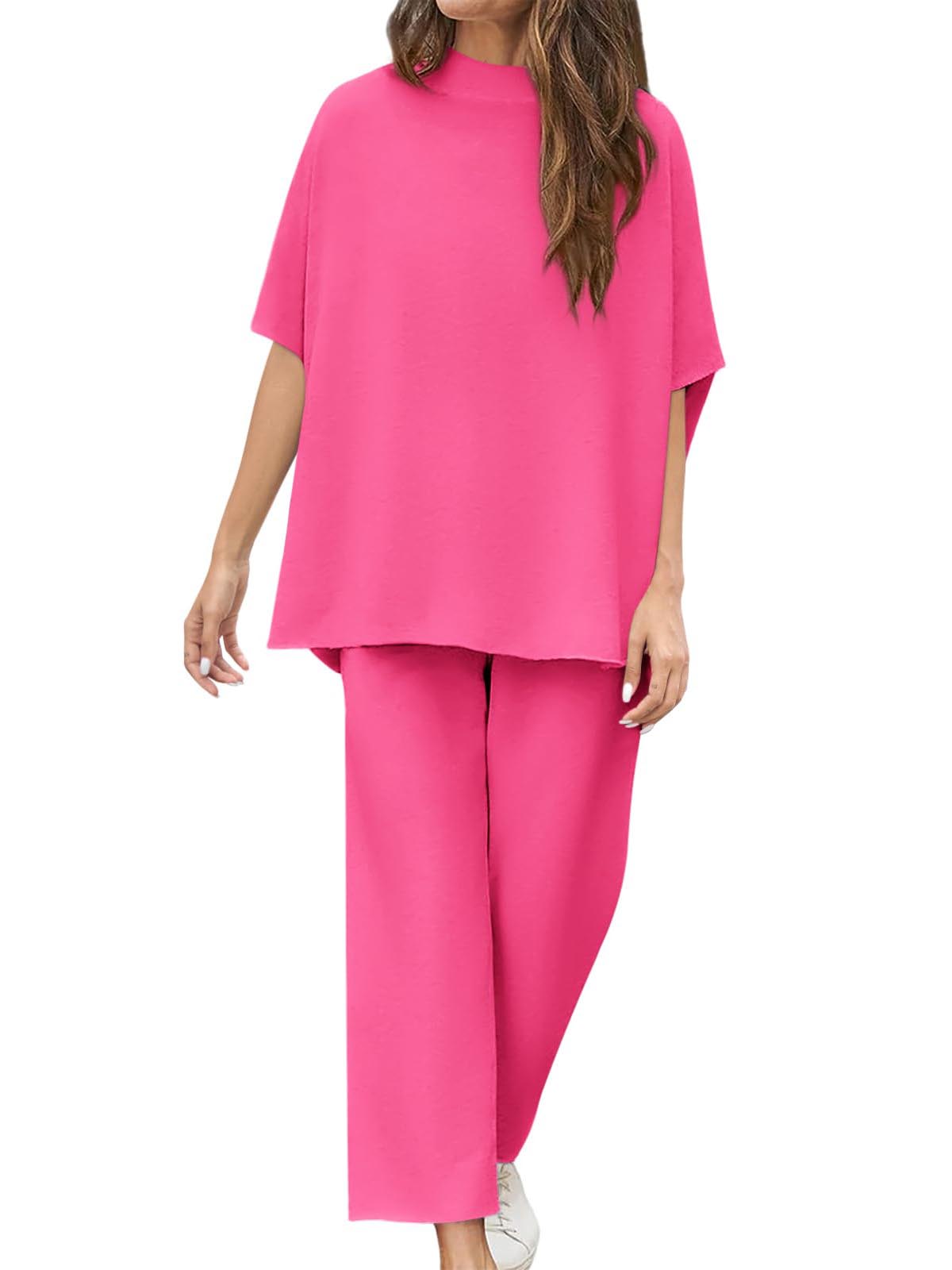 Women's 2 Piece Outfits 3/4 Batwing Sleeve Pullover Top Wide Leg Pants Lounge Set