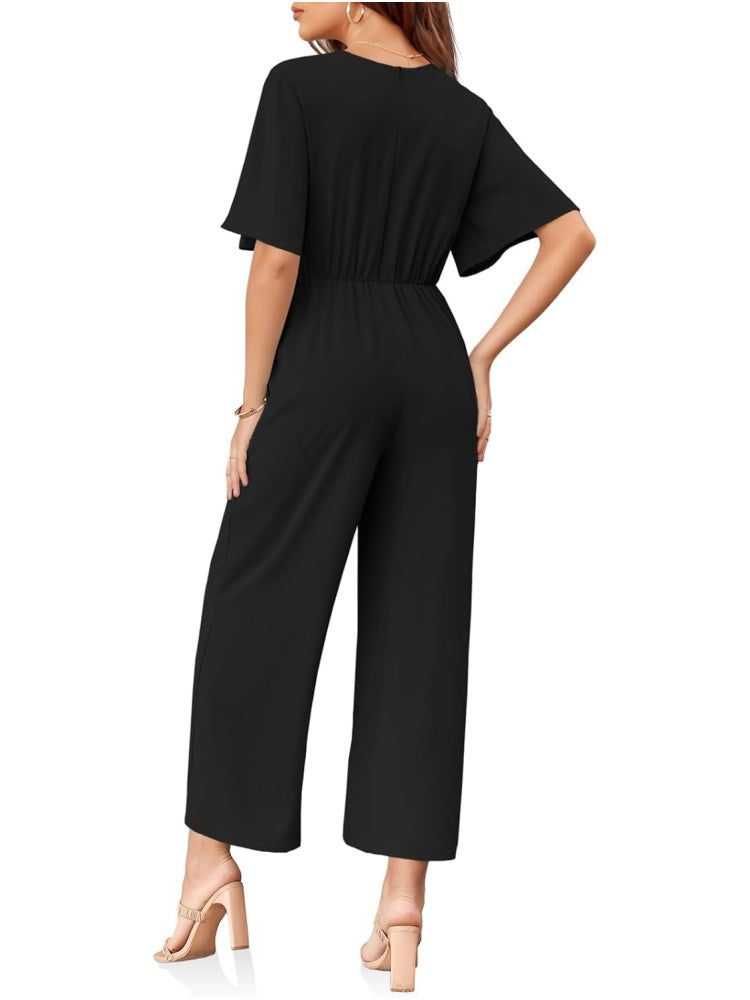 Womens Short Sleeve Tie Knot Front Wide Leg Jumpsuits (BUY 2 FREE SHIPPING)