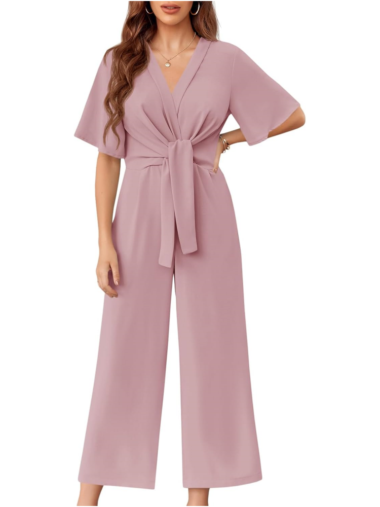 Womens Short Sleeve Tie Knot Front Wide Leg Jumpsuits (BUY 2 FREE SHIPPING)