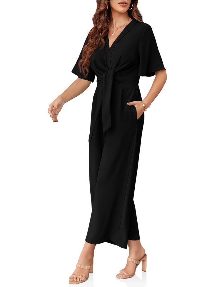 Womens Short Sleeve Tie Knot Front Wide Leg Jumpsuits (BUY 2 FREE SHIPPING)
