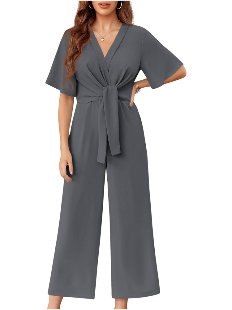 Womens Short Sleeve Tie Knot Front Wide Leg Jumpsuits (BUY 2 FREE SHIPPING)