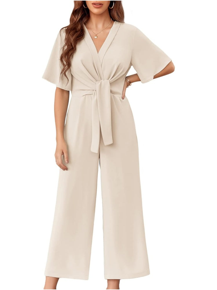 Womens Short Sleeve Tie Knot Front Wide Leg Jumpsuits (BUY 2 FREE SHIPPING)