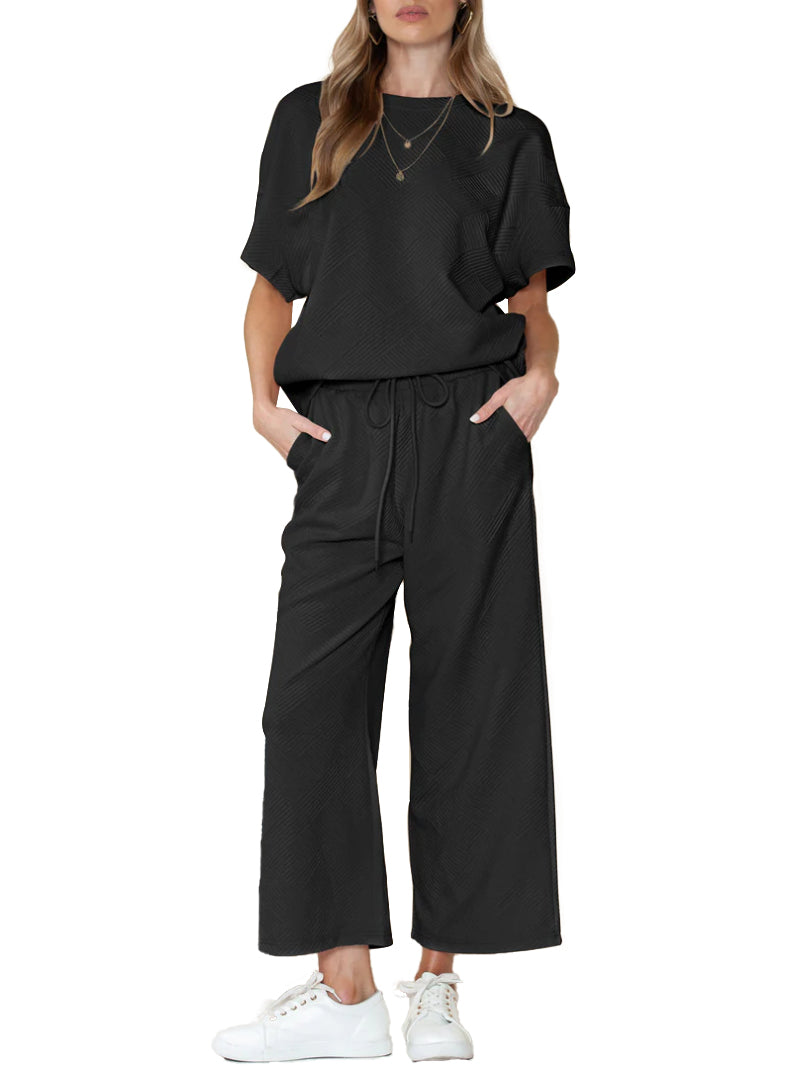 Women's Textured Loose Fit T Shirt and Drawstring Pants Casual Set (Buy 2 Free Shipping)
