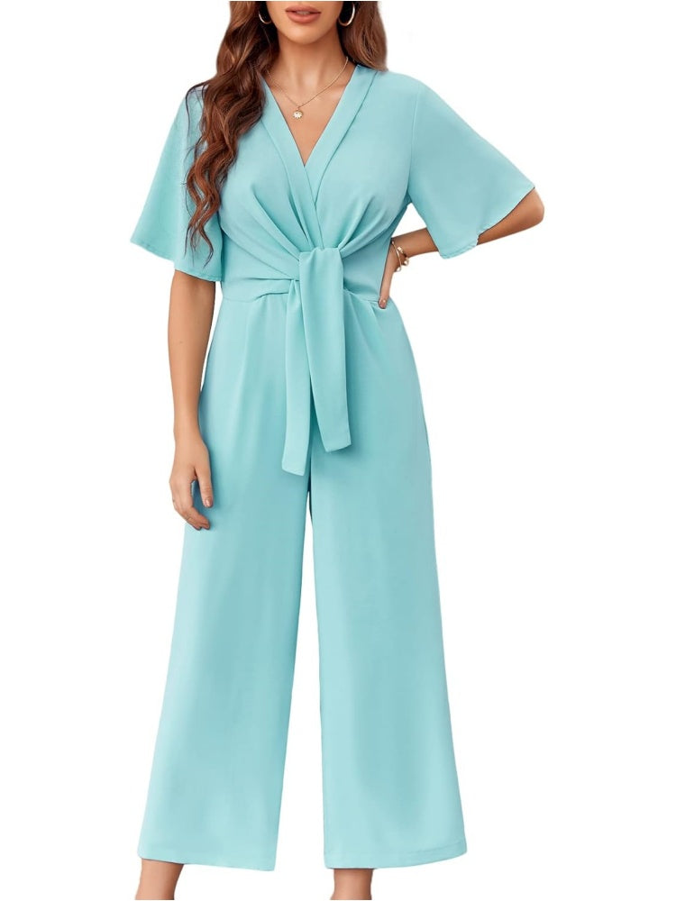 Womens Short Sleeve Tie Knot Front Wide Leg Jumpsuits (BUY 2 FREE SHIPPING)