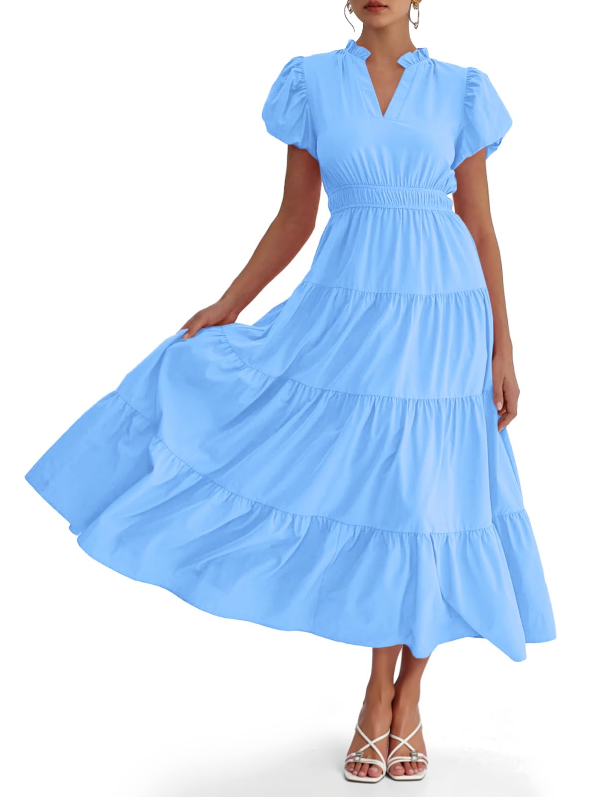 Womens Puff Short Sleeve V Neck Flowy Tiered Beach A-Line Dresses