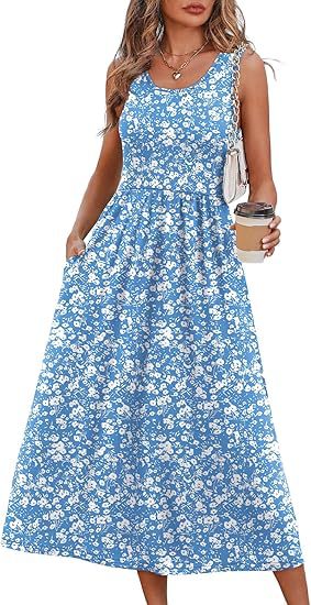 Women's Sleeveless Printed Flowy Dress With Pockets