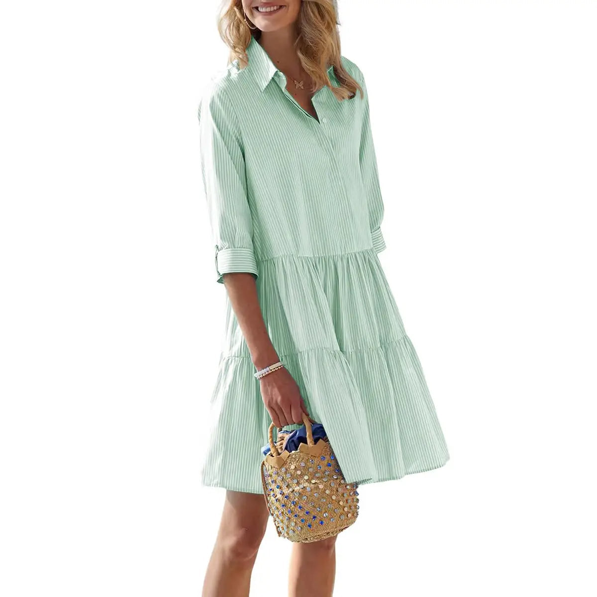 Women's Striped Button Down Shirt Dress Cuffed Sleeve Tiered Dress