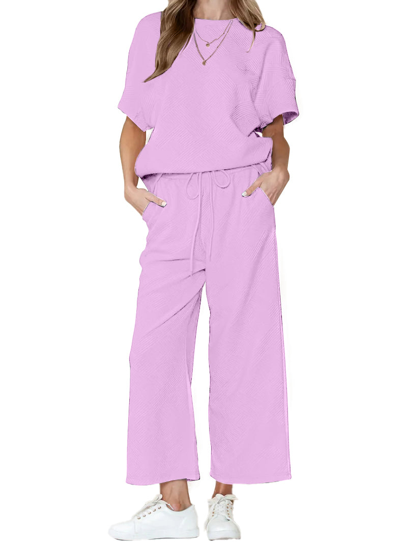 Women's Textured Loose Fit T Shirt and Drawstring Pants Casual Set (Buy 2 Free Shipping)