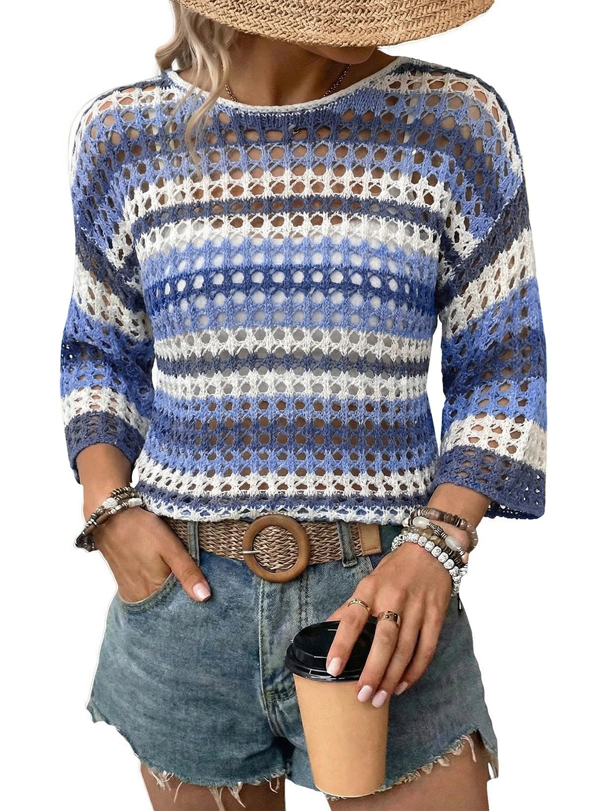 Women's 3/4 Sleeve Hollow Out Color Block Striped Top