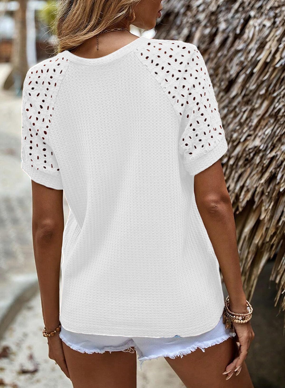 Women's Casual Crew Neck Hollow Out Raglan Short Sleeve Waffle Knit Tops(buy 3 free shipping)