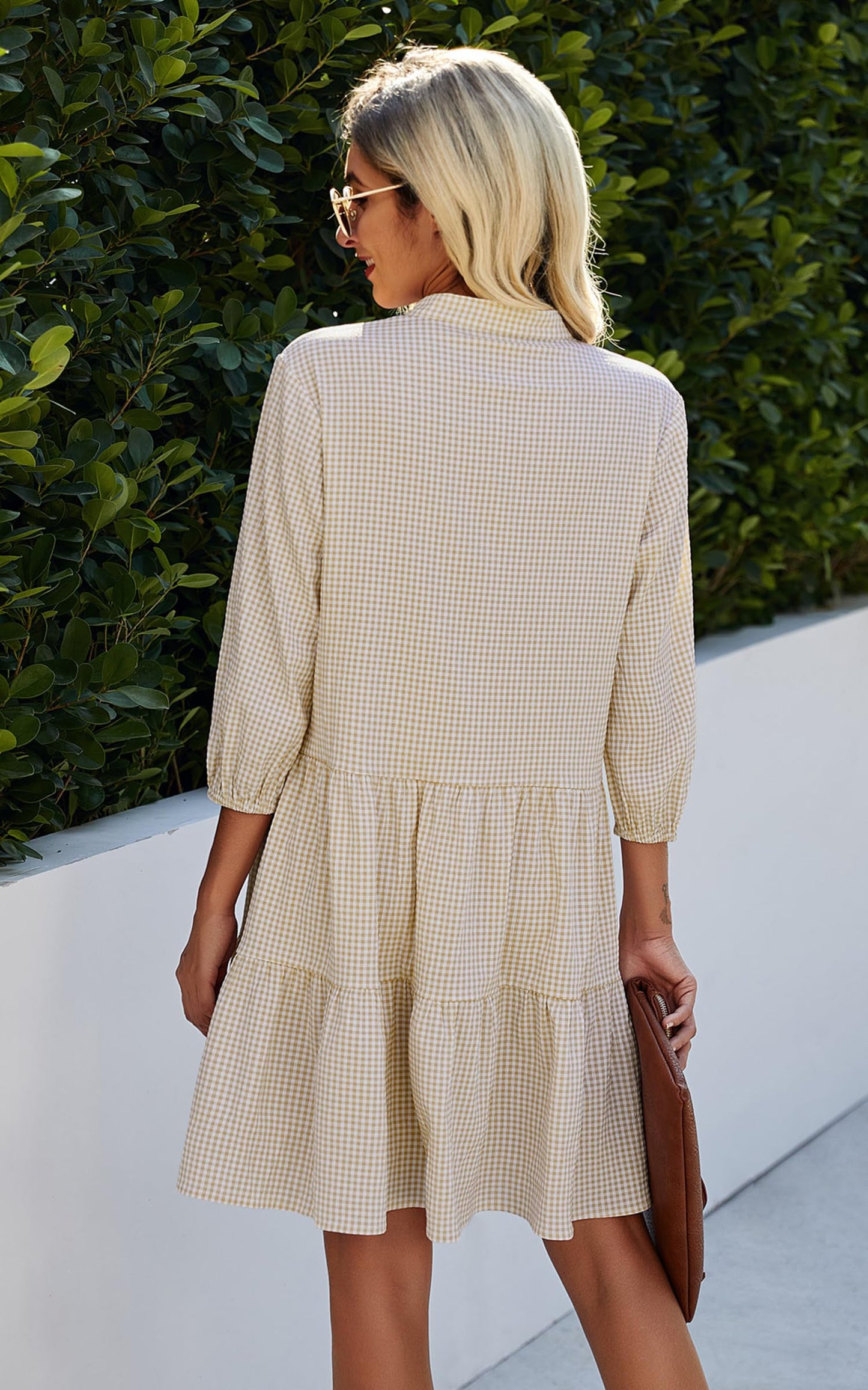 Women's Button Down 3/4 Sleeve Gingham Shirt Dress(BUY 2 FREE SHIPPING)