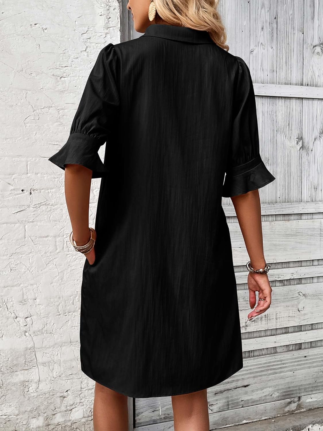 Womens Casual Shirt Dress Ruffle Sleeve Solid Color Button Down(buy 2 free shipping!!!)