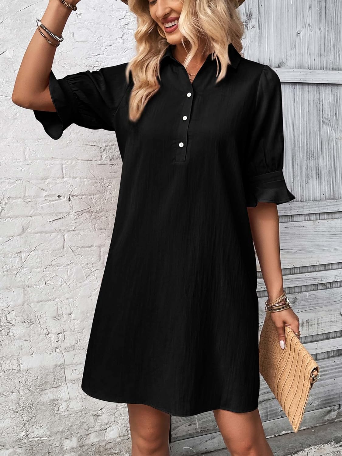 Womens Casual Shirt Dress Ruffle Sleeve Solid Color Button Down(buy 2 free shipping!!!)