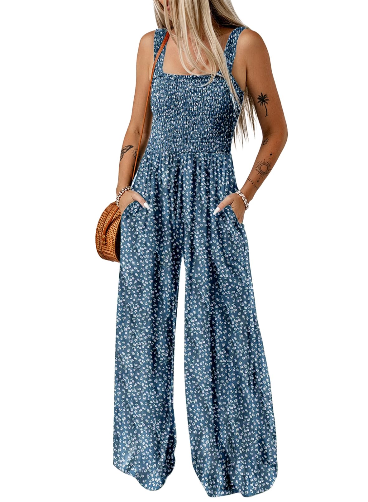 Women's Overalls Casual Floral Print Sleeveless Jumpsuit with Pockets