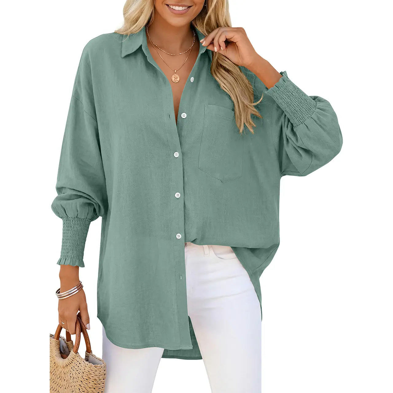 Women Loose Linen Blend Pocket Shirt with Smocked Elastic Cuffs