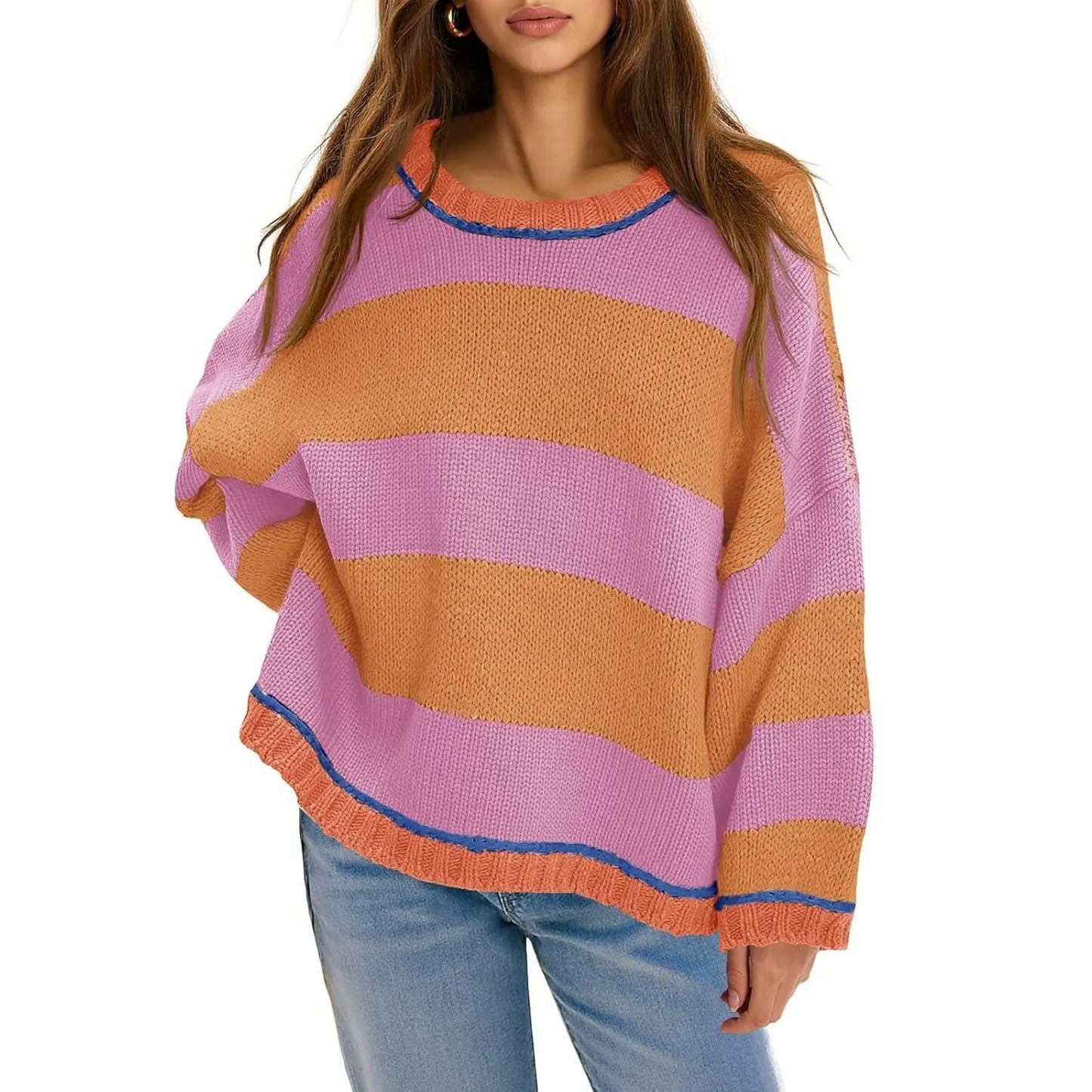 Oversized Round Neck Color Block Stripe Knit Sweater